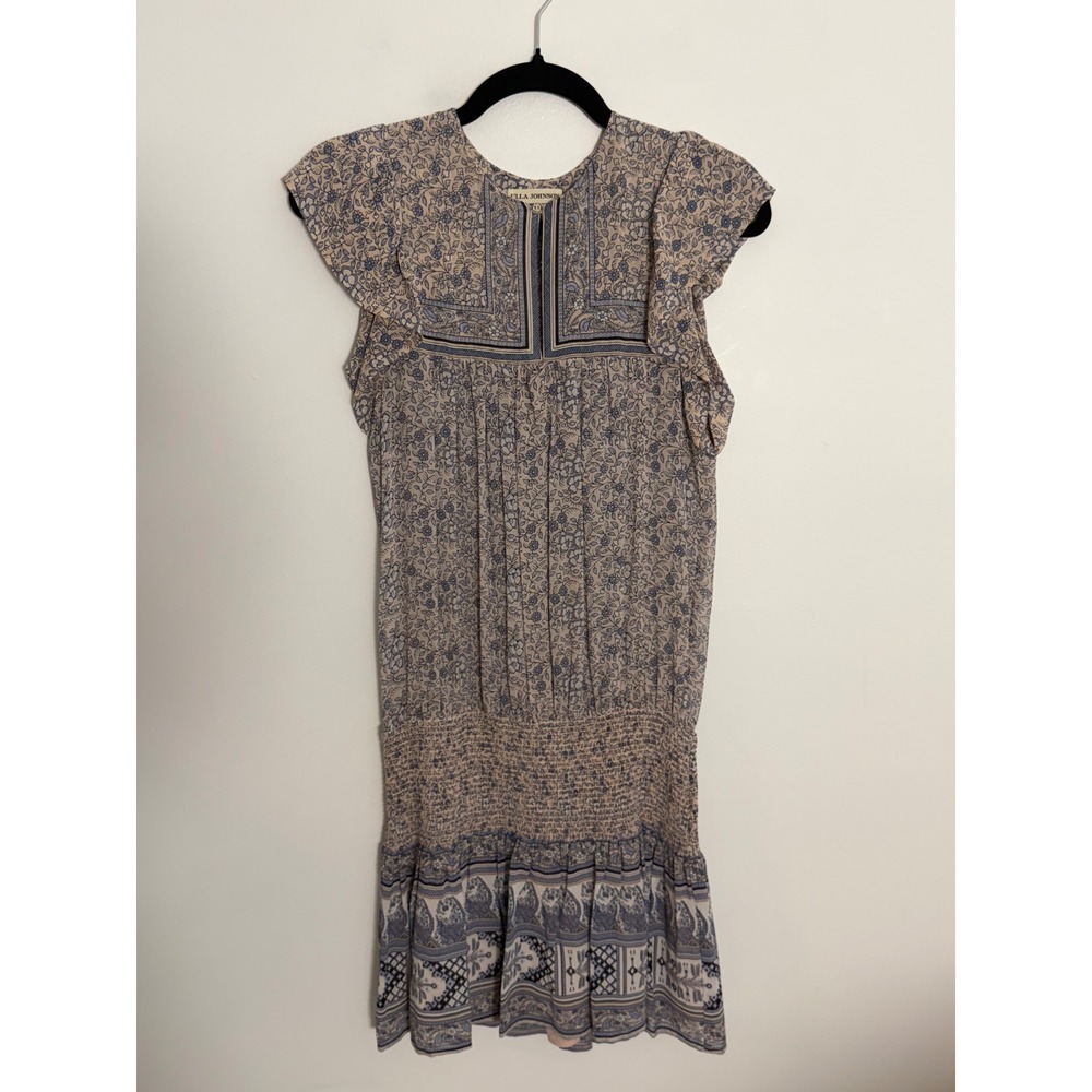 Ulla Johnson Silk Floral Smocked Drop Waist Ruffle Mini Dress Blue Tan Size 4